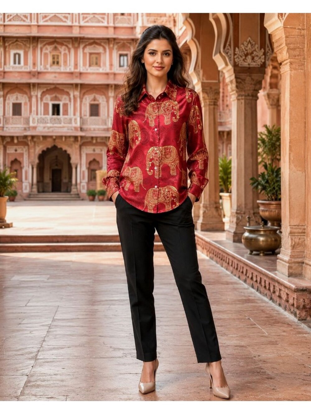 Red Elephant Print Large Red Gold Satin Feel Button Down Shirt Boho Tailored Sof